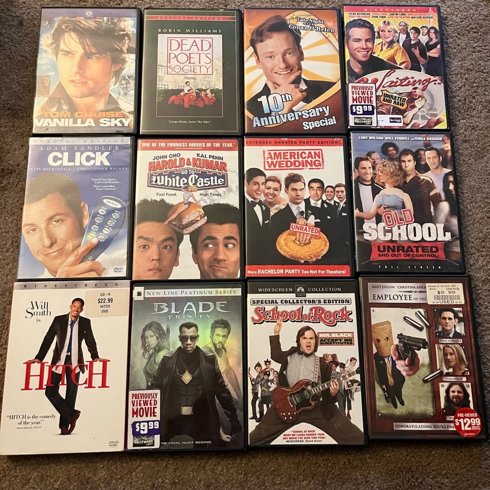 All types of movie DVDs. Take them all or buy team individually! Play like new!